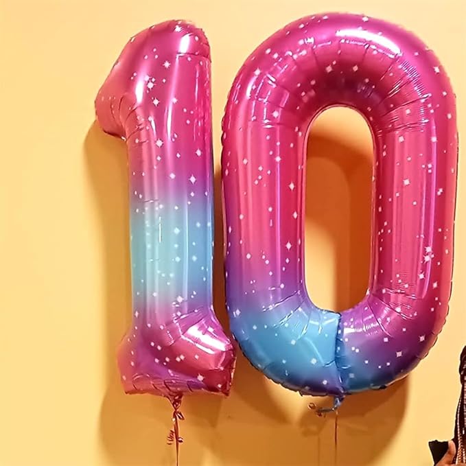 Gradient Blue Pink 2 Balloons, 40 Inch Giant Helium Foil Number 0-9 Rainbow 2th Birthday Balloon for Girls, Self Inflating Starry Digit 2 Balloons for Women Anniversary Party Decorations Supplies