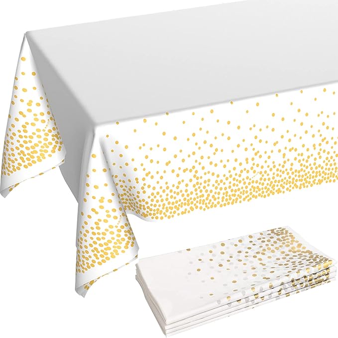 White and Gold Tablecloths for Party 4 Packs, 54X108 inch Gold Dot Confetti Disposable Rectangular Plastic Table Cover for Bridal Shower Engagement Wedding Birthday BBQ Party New Year Eve 2025