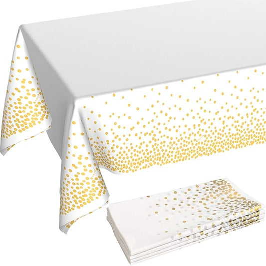 White and Gold Tablecloths for Party 4 Packs, 54X108 inch Gold Dot Confetti Disposable Rectangular Plastic Table Cover for Bridal Shower Engagement Wedding Birthday BBQ Party New Year Eve 2025