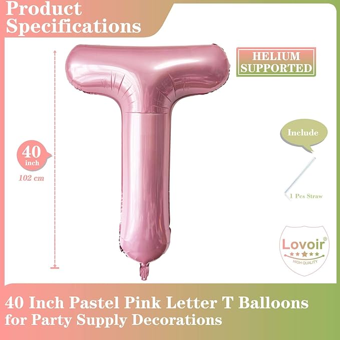Pink Letter T Balloons, 40 Inch Pastel Pink Letter Balloons T Foil Mylar Helium Pink Letter Balloons for Birthday Party Supplies Anniversary Event Celebration Decorations Alphabet Pink T