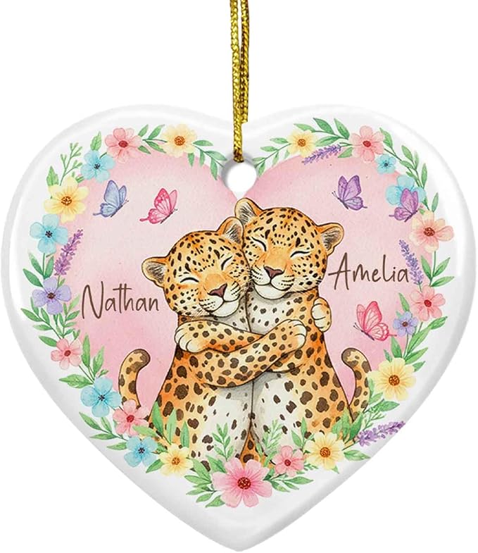 Leopard Couple First Christmas Together Ornament, Custom Names Anniversary Ceramic Ornament, Personalized Leopard Watercolor Floral Butterfly Ornaments, Sweet Animals Keepsake Gift for Husband Wife