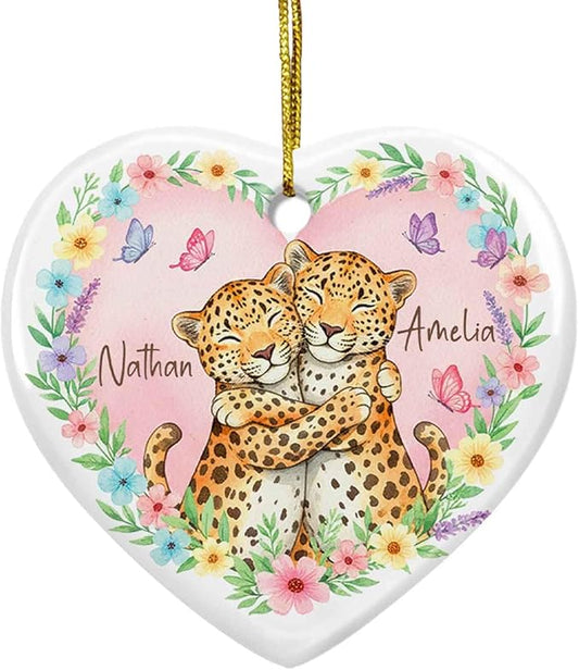 Leopard Couple First Christmas Together Ornament, Custom Names Anniversary Ceramic Ornament, Personalized Leopard Watercolor Floral Butterfly Ornaments, Sweet Animals Keepsake Gift for Husband Wife