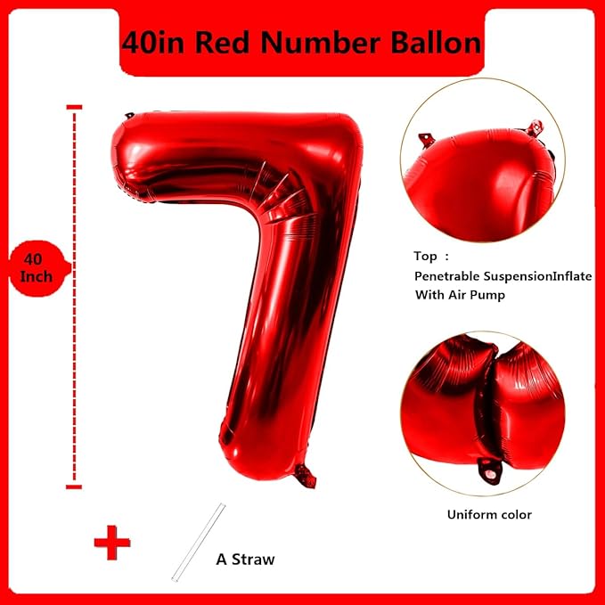 40 Inch Red Number 7 Balloon Large Red Foil Balloon Red 7 Balloons Mylar Helium Balloon for 7th Birthday Party Decorations Girls Boys Baby Shower Wedding Anniversary Decoration