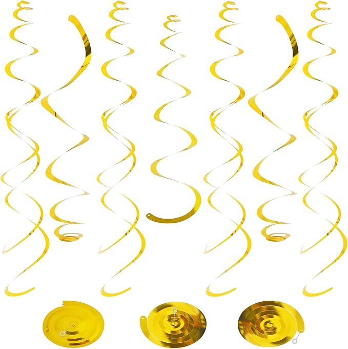 24 PCS Gold Foil Hanging Swirl,Sparkle Ceiling Hanging Decorations, Plastic Streamer Party Decorations,Swirl Decorations with Double-Swirls and Single-Swirls for Birthday,Thanksgiving Day,Baby Shower