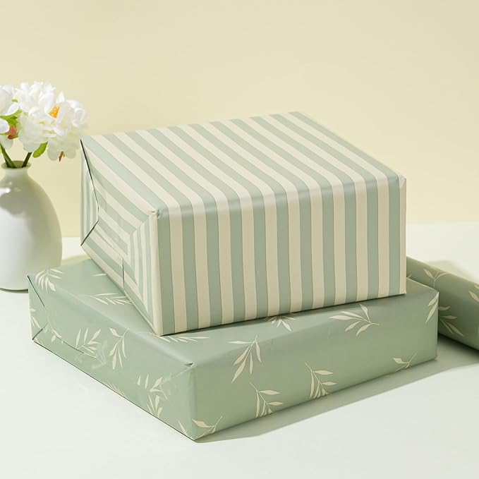 ZINTBIAL Reversible Gift Wrapping Paper Roll - Light Green Background with Beige Leaves - Green Stripe Design - for Birthdays,Weddings,Baby Showers,Mother's Day,Christmas - 17.5" x 33' (48 sq. ft.)