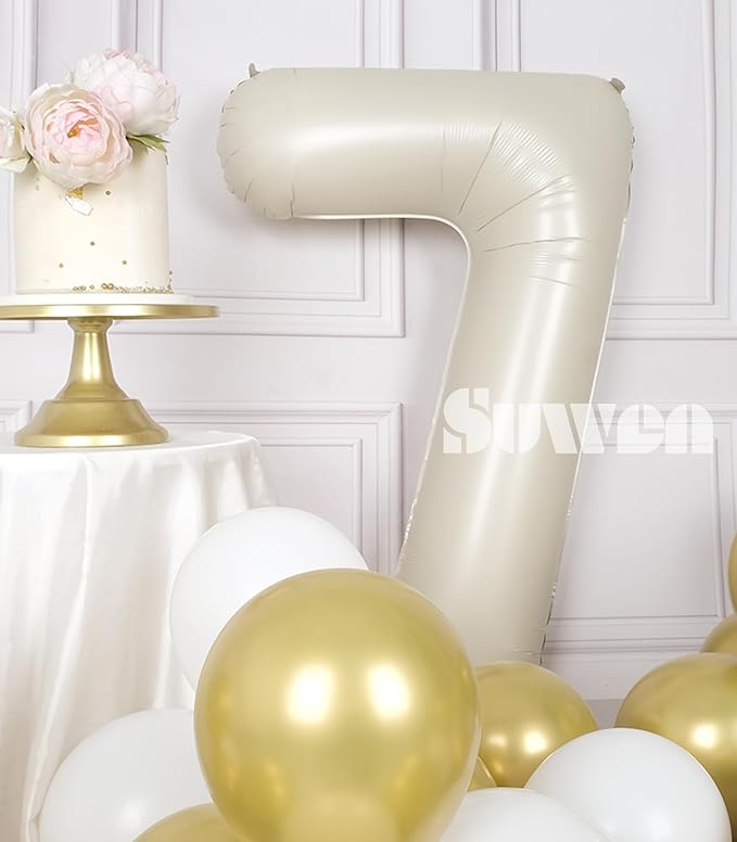 SUWEN 40 Inch Cream White Large 7 Number Balloons Big Foil Helium Number Balloons 0-9 Jumbo Happy 7th Mylar Birthday Party Decorations for Boy or Girl Anniversary Party Supplies