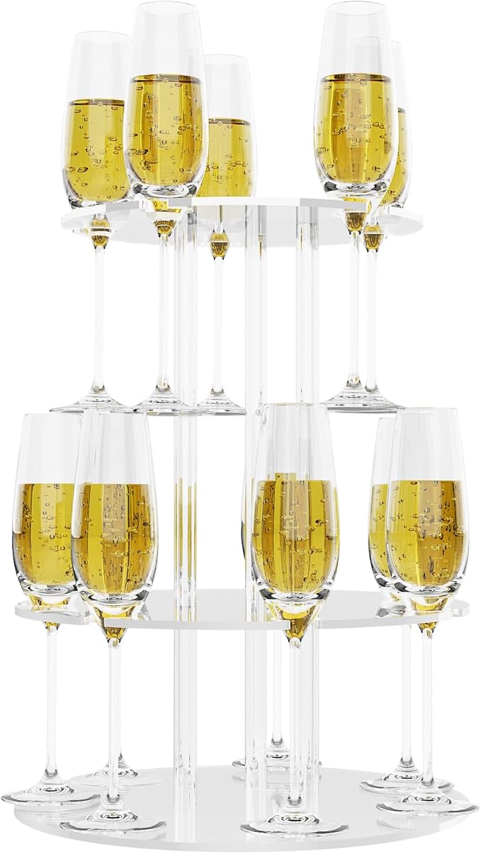Champagne Tower, Circle Acrylic Drink Tower and Cocktail Tree Stand, Wine Rack with 12 Slots, 2 Tiers Floating Sight Champagne Flute Holder for Party, Wedding, School, Celebration, 11.8x11.8x14.9 inch