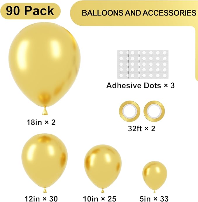 90pack Metallic Gold Balloons Different Size 18/12/10/5 Inch Chrome Gold Balloon Garland Arch Kit for Wedding, New Year, Birthday, Graduation, Bridal Shower, Baby Shower Decorations