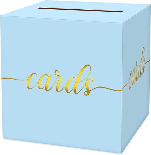 1 Pack Light Blue and Gold Foil Card Box for Party, 8.7" Light Blue Money Box for Birthday, Wedding, Baby Shower, Retirement, Anniversary, Bridal Shower, Raffle Ticket