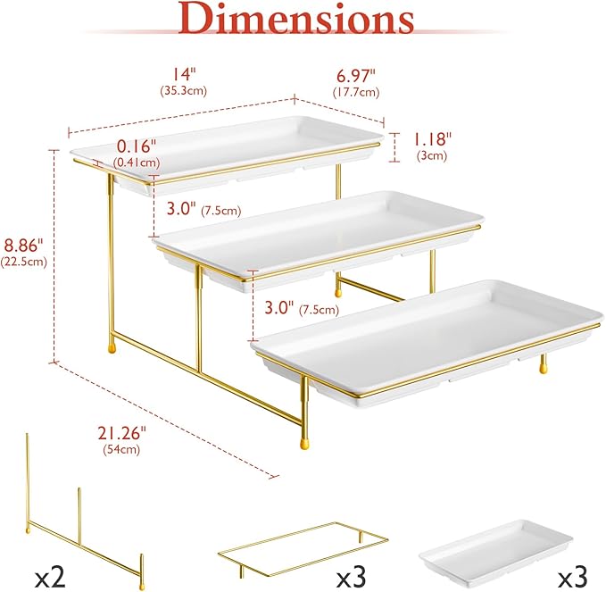 3-Tier Melamine Serving Tray Set, 14"x7" Platters for Serving Food, White Reusable Trays with Golden Metal Display Stand for Cupcakes, Sevring Food, Dessert, Fruit, Cookie, 24K Gold-Plated