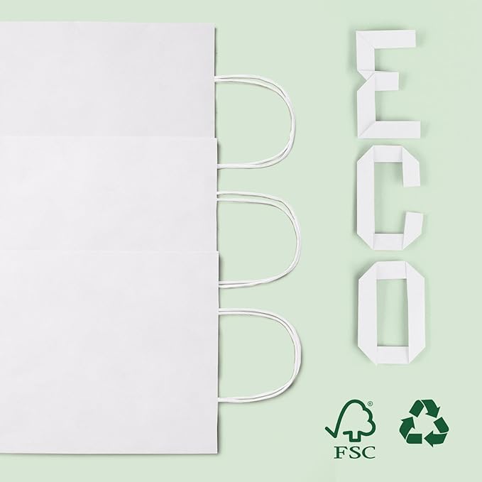 MESHA White Paper Gift Bags 8x4.25x10.5 Inch with Handles 50Pack, Recycled Kraft Shopping Bags Bulk for Business Grocery Birthday Wedding Kids Party Favors Retail