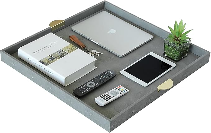 HofferRuffer Extra Large Square Serving Tray, Elegant Faux Leather Ottoman Tray with Gold Hardware Handles, Serve Tea, Coffee or Breakfast in Bed, 23.6 x 23.6 inches (Large Square)