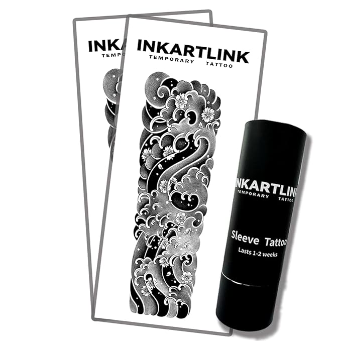 INKARTLINK Semi Permanent Tattoo, 2 Pieces Full Arm Large Size Art Party Tattoos, Comes with a Pair of Anti-Transfer Sleeves, Lasts 7-15 Days, Waterproof (Japanese Ocean Wave Tattoo)