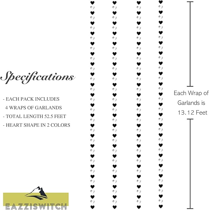 Men Black Birthday Party Decorations: Silver White Glitter Hearts Banner Garland Streamers Backdrop for Bachelorette Bachelor Events Engagement Wedding Celebration Halloween Décor - 52 Ft