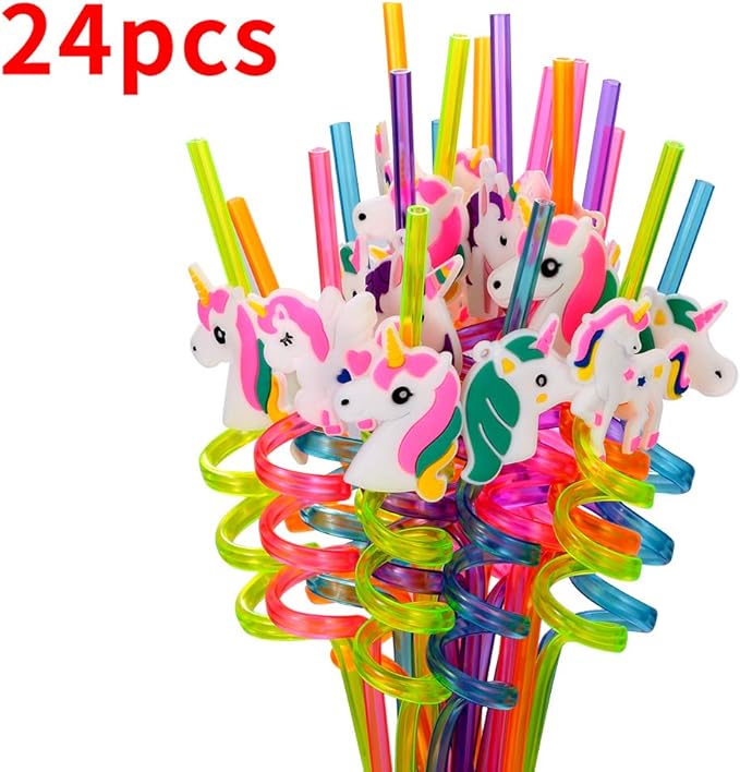 24 Reusable Unicorn Drinking Plastic Straws + 6 Temporary Tattoos for Girls | Birthday Party Supplies - Rainbow Unicorn Party Favors Decorations with 2 Cleaning Brush