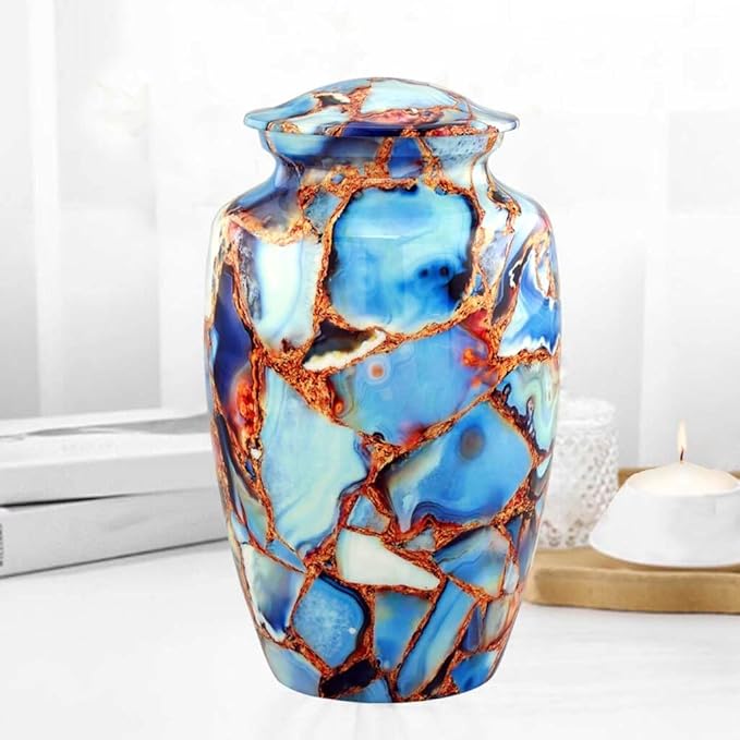 Large Cremation Urn | Handcrafted Marble Finish Adult Cremation Urn | Funeral and Memorial Cremation Urns for Human Ashes up to 200 lbs with Velvet Bag (Luxury Blue)