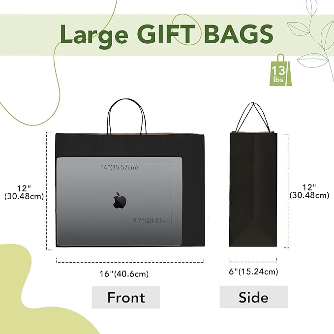 MESHA Gift Paper Bags 6000 PACK 16x6x12 Black Large Shopping Kraft Bags Bulk with Handles Reusable for Business,Grocery,Birthday,Wedding,Kids Party,Favors