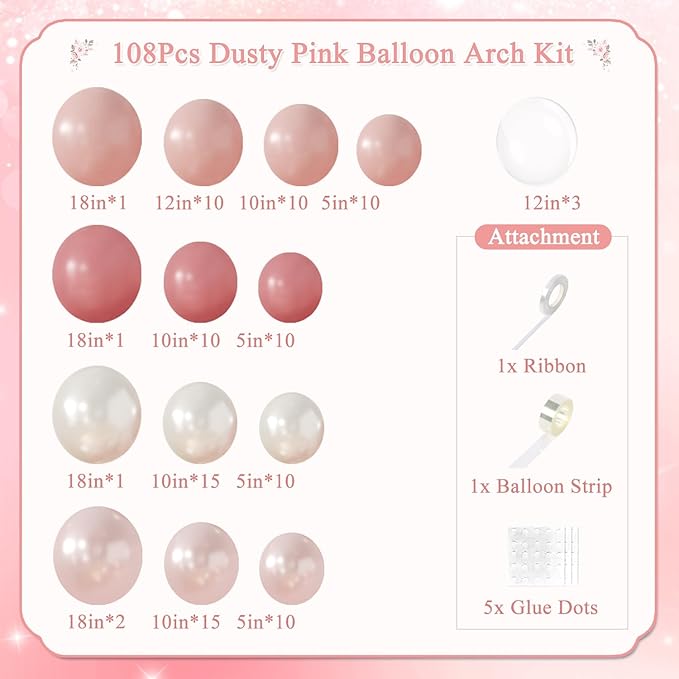 Dusty Pink Blush Balloon Arch Kit 108Pcs Double Stuffed Pearl pink White Balloons Pink Rose Blush Clear Balloons for Baby Shower Bridal Shower Wedding Birthday Party Decorations