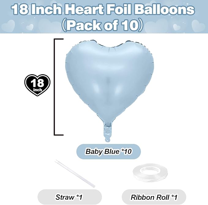 Baby Blue Heart Foil Balloons, 10PCS Light Blue Heart Shape Balloon, 18Inch Large Heart Polyester Film Balloon for Birthday Baby Shower Graduation Wedding Bridal Retirement Winter Party Supplies