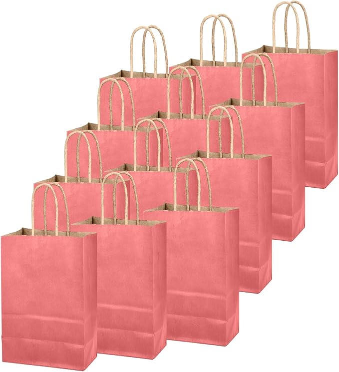 qiqee Pink Gift Bag with Handles Bulk 24Pcs Paper Bags -10.6"x8.3"x4.3"Party Favor Bags - Solid Color
