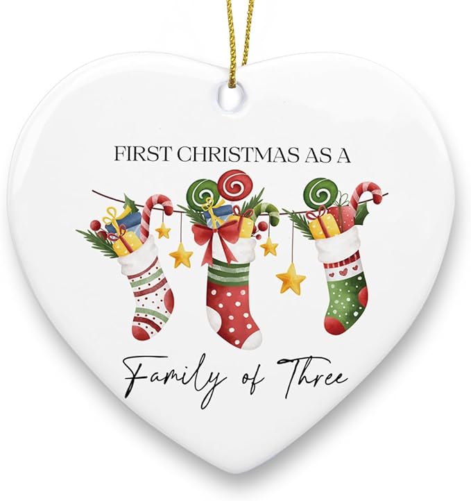 First Christmas as Family of Three Ornament Babys First Christmas Ornament Boy Girl New Parents Gifts for Couple Him Her Husband Wife Family Christmas Heart Ceramic Xmas Tree Ornament Decorations