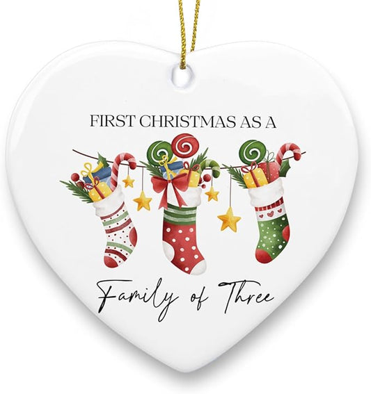 First Christmas as Family of Three Ornament Babys First Christmas Ornament Boy Girl New Parents Gifts for Couple Him Her Husband Wife Family Christmas Heart Ceramic Xmas Tree Ornament Decorations