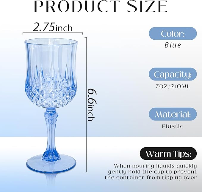 48 PCS Blue Plastic Wine Glasses 7oz, Reusable Drinkware Vintage Plastic Goblets for Parties Baby Shower Wedding Reception Grand Event Party, Blue