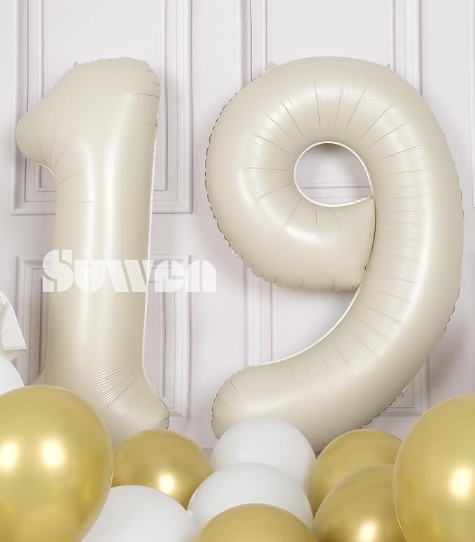 SUWEN 40 Inch Cream White Large 19 Number Balloons Big Foil Helium Number Balloons 0-9 Jumbo Happy 19th Mylar Birthday Party Decorations for Boy or Girl 91 Anniversary Party Supplies