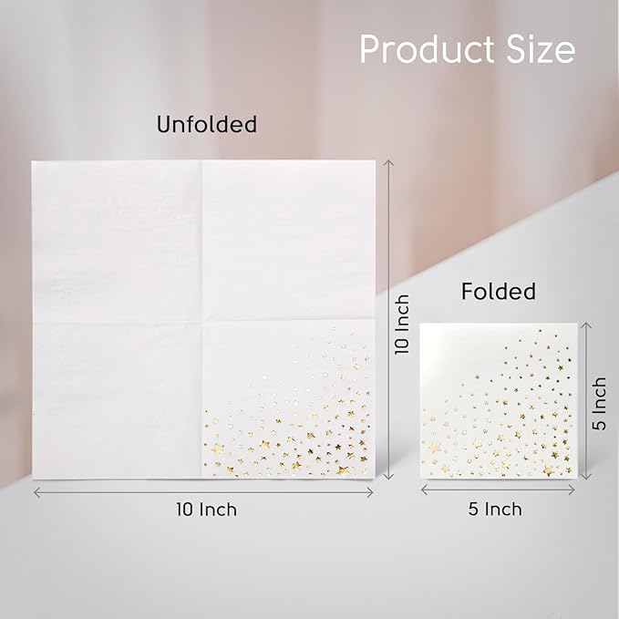 The Essential Concierge 200 Count Gold Star Cocktail Napkins, 3-Ply Paper, 5x5 Inch, Gold