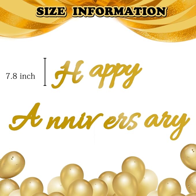 Happy Anniversary Banner Balloons Wedding Love Party and Background Indoor Outdoor Decorations (Gold)