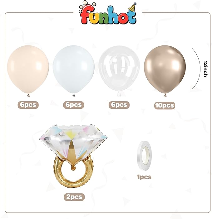Beige White Gold Balloons,12 Inch Nude Metallic Champagne Gold Cream White Clear Balloon with Diamond Ring Foil Balloon for Boho Wedding Bridal Shower Marriage Anniversary Engagement Decorations