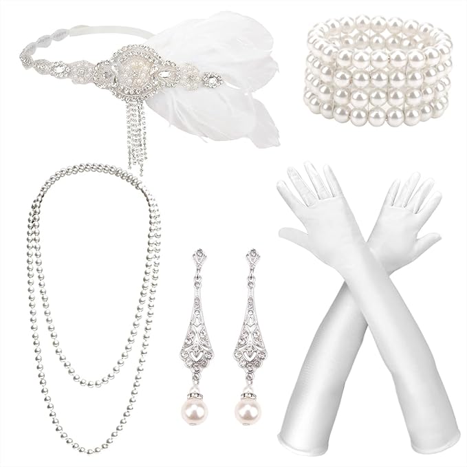 DRESHOW 1920s Great Gatsby Accessories for Women Flapper Headpiece Headband Gloves Costume Harlem Nights Accessories Set