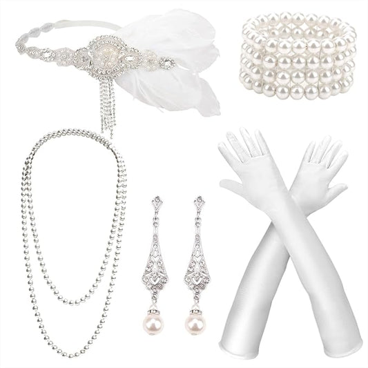DRESHOW 1920s Great Gatsby Accessories for Women Flapper Headpiece Headband Gloves Costume Harlem Nights Accessories Set