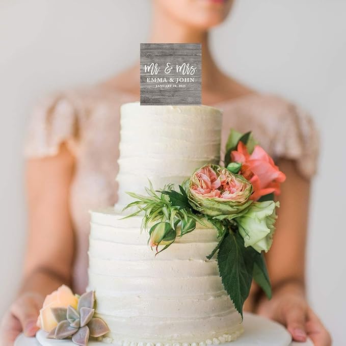 Andaz Press Rustic Gray Distressed Wood With Date Custom Wedding Cake Topper, Acrylic Square Personalized Couple Cake Topper
