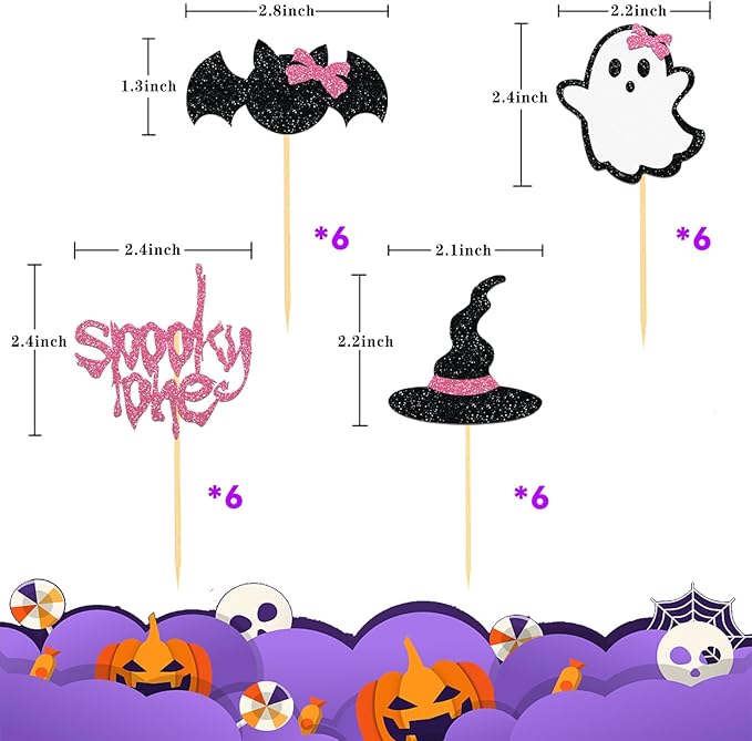 24Pcs Pink Ghost Cupcake Toppers for Halloween 1st Birthday Decorations, Spooky One Cake Picks, Bats Party Decor (Pink One)