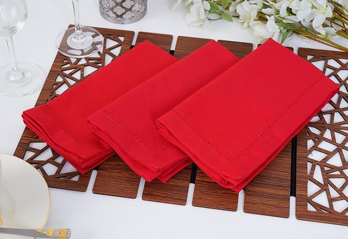 Blue Needles Set of 6 Hemstitch Linen Napkins 100% Cotton Red Cloth Dinner Napkins 18x18 inches, Soft, Reusable, Absorbent, Washable, Ideal for Fall Thanksgiving Events, Parties & Everyday Use