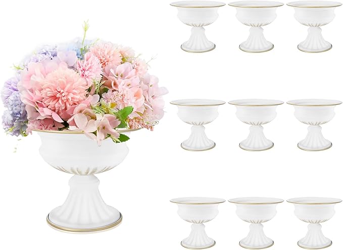 White Wedding Vases for Centerpieces: Small Flower Vase for Tables - 6.5 Inch Metal Compote Bowl Urn Pedestal for Party Anniversary Event Home Decor Set of 10