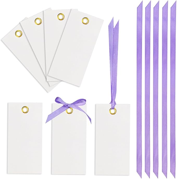 25 Pcs Name Place Cards Blank Seat Card, 2 x 4 in Table Cards with Stain Ribbon, Wedding Place Card, Hanging Tags for Wedding Table Setting Reserved Chairs Signs Dinner Banquet Parties.(Purple)