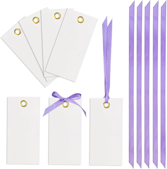 25 Pcs Name Place Cards Blank Seat Card, 2 x 4 in Table Cards with Stain Ribbon, Wedding Place Card, Hanging Tags for Wedding Table Setting Reserved Chairs Signs Dinner Banquet Parties.(Purple)