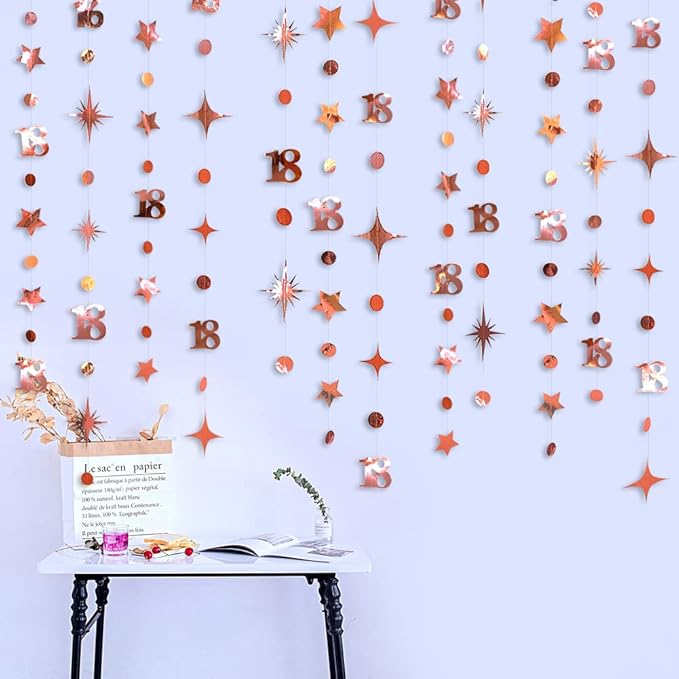 Rose Gold 18th Birthday Decorations Number 18 Circle Dot Twinkle Star Garland Kit Metallic Hanging Streamer Bunting Banner Backdrop for Girls Happy 18 Year Old Eighteen Anniversary Party Supplies
