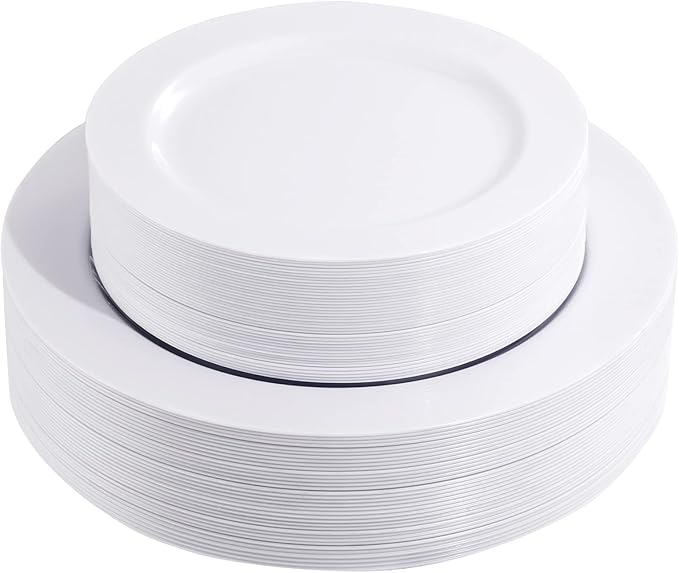 FLOWERCAT 60PCS White Plastic Plates - Heavy Duty White Disposable Plates for Christmas/Thanksgiving Party/Wedding -serve for 30 guests Include 30PCS 10.25" & 30PCS 7.5" Plates for Party