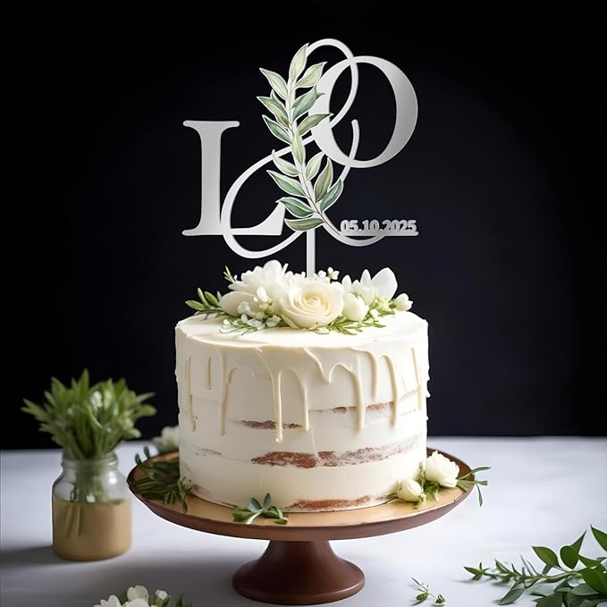Customized Wedding Cake Topper Personalized Bride & Groom's Initials and Wedding Date Cake Decoration with Green Leaves