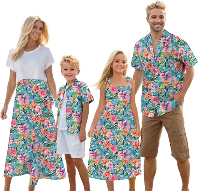 Cromoncent Matching Hawaiian Outfits for Family, Dad and Son Matching Luau Beach Tropical Shirts Mommy Daughter Tropical Sets