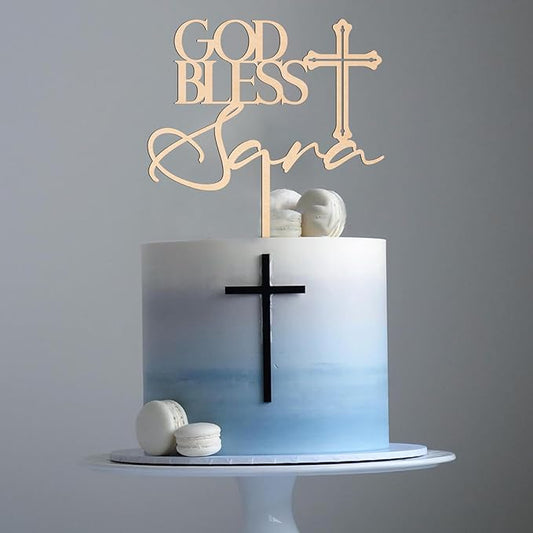 Personalized Baptism Cake Topper in Wood Custom God Bless Cake Topper Christening Communion Cake Decoration (Design 03)