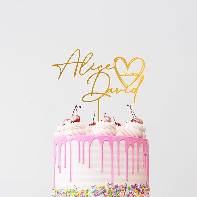 Noni Luxury Personalized Wedding Cake Topper with date and hear, Custom Cake topper, Gold Cake Topper wedding, Rustic Wedding Cake Topper, Mr and Mrs Topper for Wedding Cake, Personalized Cake Topper