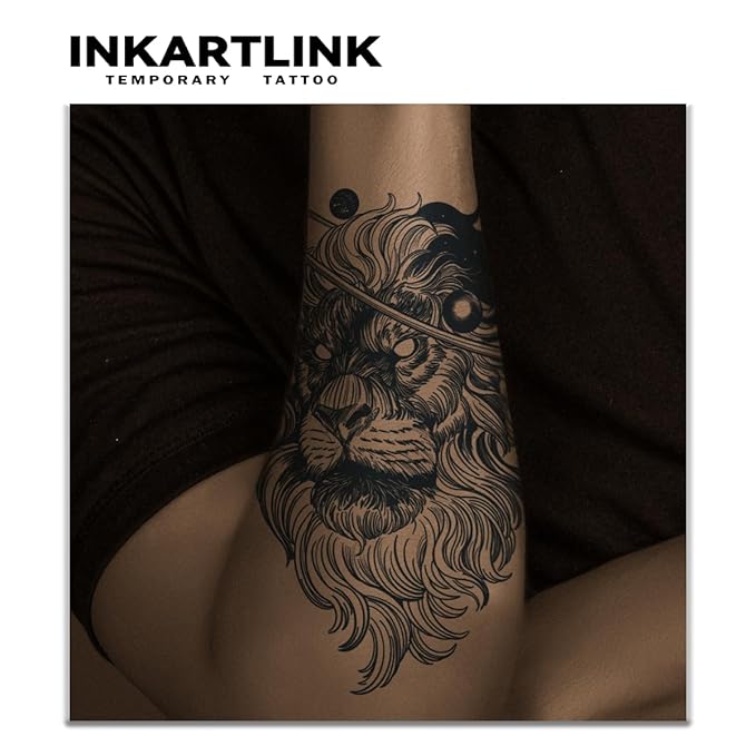 INKARTLINK Tattoo Tech, 2 Sheets Large Semi Permanent Tattoo, Adult Art Design Temporary Tattoos, Lasts 1-2 Weeks, Waterproof, Realistic Look, No Adhesive, No Reflection (Lion Design)