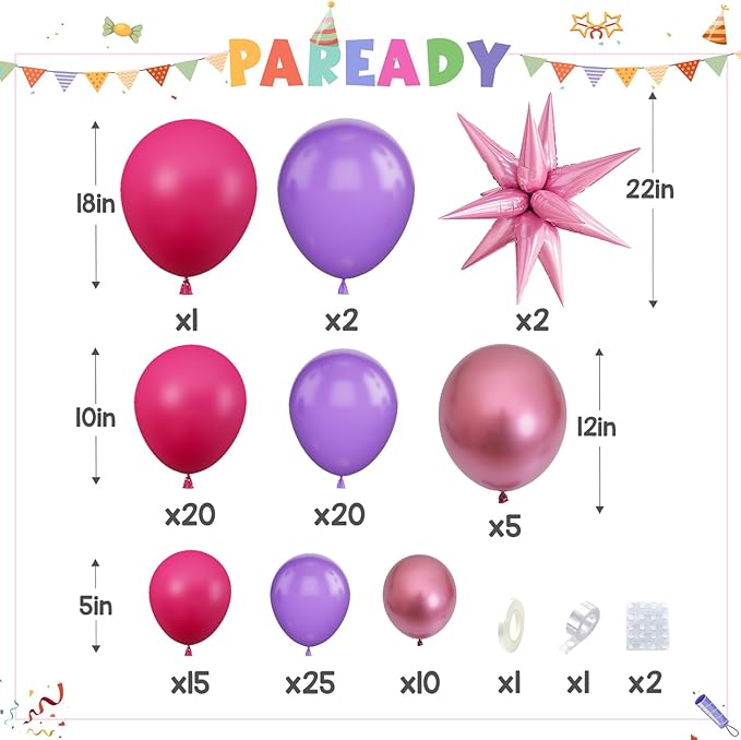 Paready Hot Pink Purple Balloons Garland Arch Kit, 100Pcs Pink Purple Metallic Balloons Arch for Girls Birthday Baby Shower Engagement Wedding Bridal Shower Party Decorations