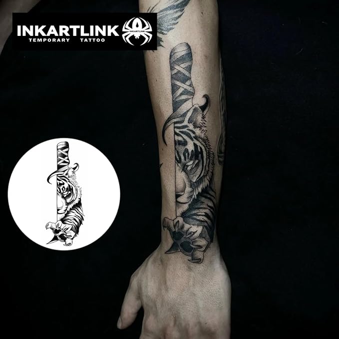 INKARTLINK Tattoo Tech, 2 Sheets Medium Semi Permanent Tattoo, Adult Art Design Temporary Tattoos, Lasts 1-2 Weeks, Waterproof, Realistic Look, No Reflection (Tiger Sword)
