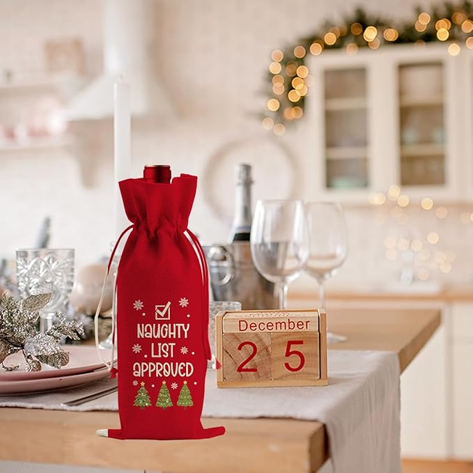 Funny Christmas Wine Bags for Wine Bottles Gifts Christmas Wine Bottle Cover Drawstring Gift Bags Red Burlap Wine Bag for Xmas Wedding Birthday Holiday Housewarming Party Decorations