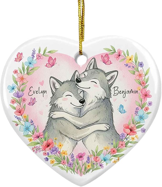 Custom Couple Wolf Wedding Ceramic Ornament, Couples Wolf Together Ornament Christmas 2025, Heart Floral Animal Decoration, Gift for Him Her, Personalized Names Mr & Mrs Wolves Ornaments Xmas